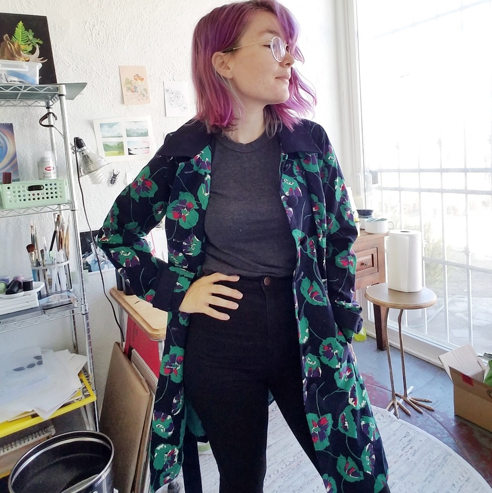Modcloth Navy Green Floral Trench Coat